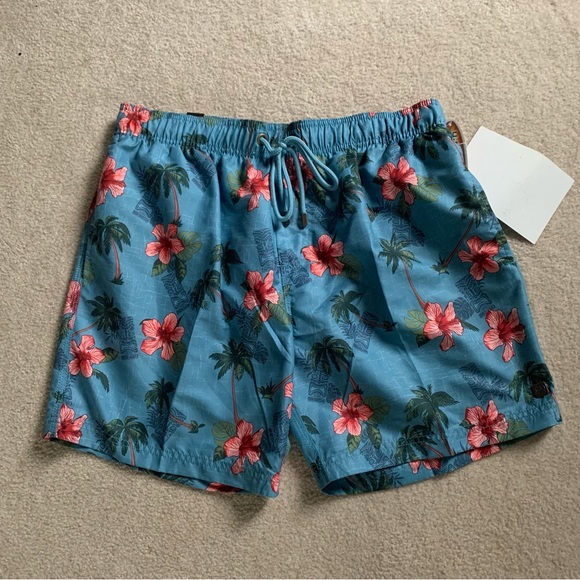 U.S. Apparel Men's Blue Hibiscus/Palm Tree Boardshorts (Size Large) - Picture 1 of 7